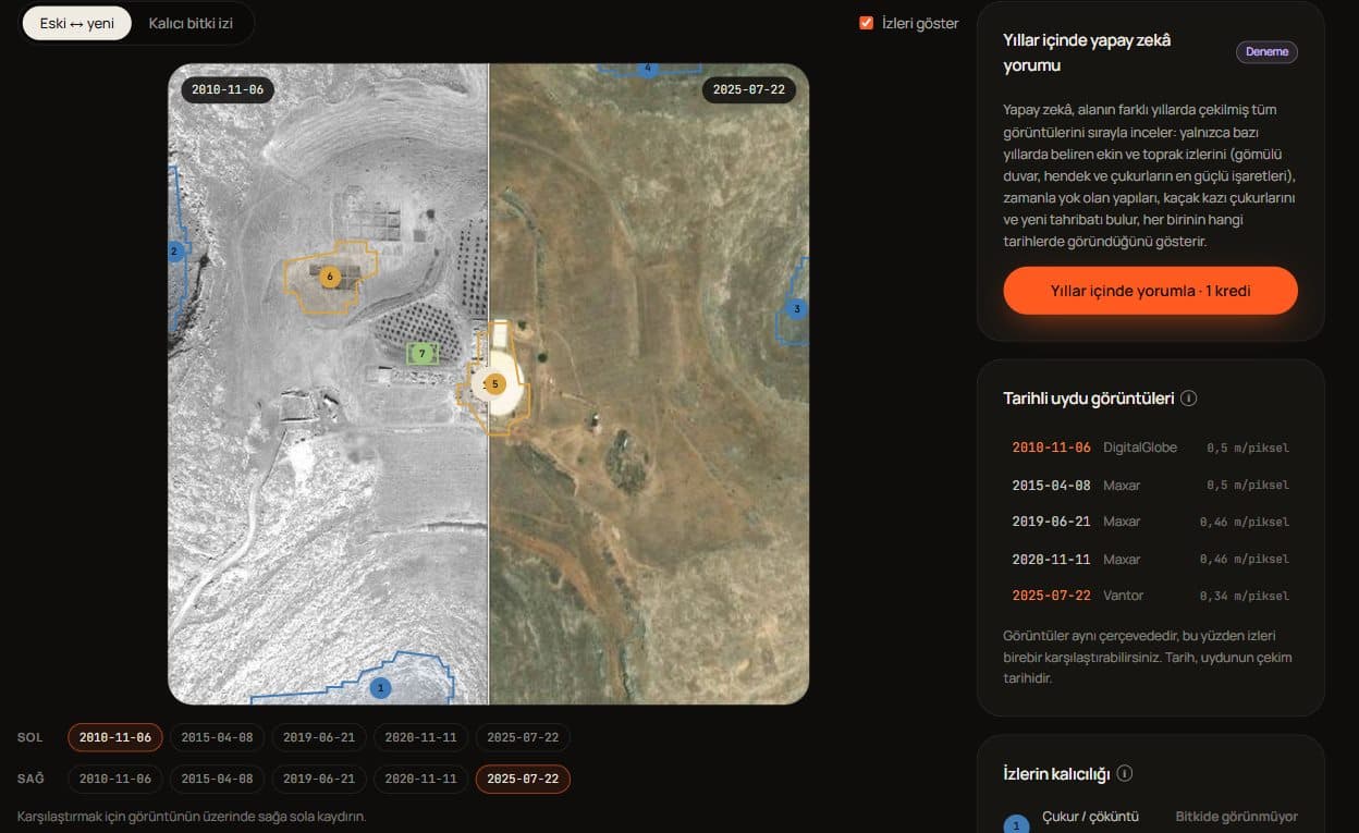 Zaman sekmesi (Göbekli Tepe örneği): 2010 ve 2025 görüntülerini sürgüyle karşılaştırın; değişen yapılar ve kazı alanları bir bakışta görünür.