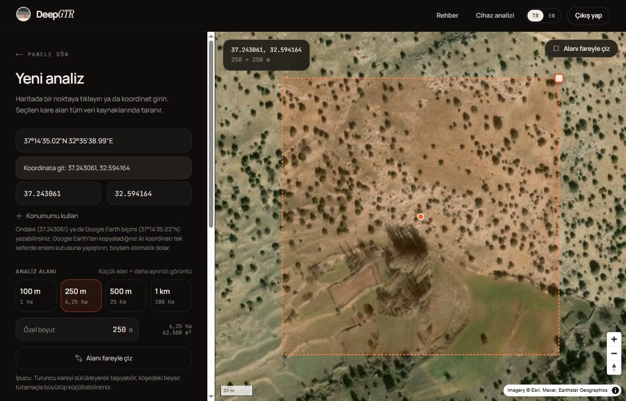 Yeni analiz ekranı: Google Earth'ten kopyalanan koordinat arama kutusuna yapıştırıldı ve 250 m'lik alan seçildi.